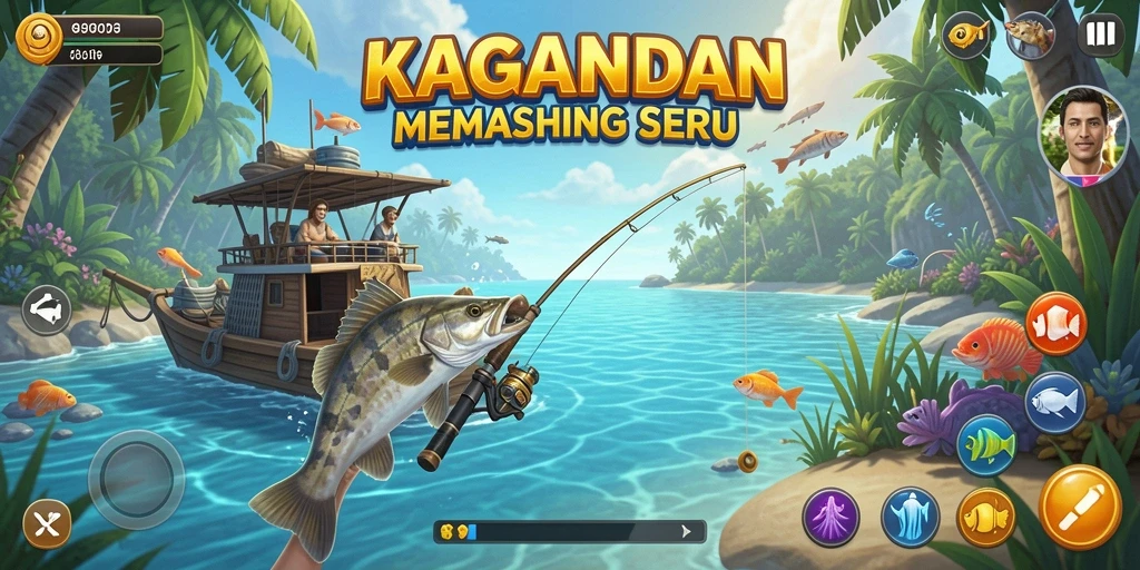 Screenshot gameplay KAGANDAN menunjukkan saat memancing di danau yang indah.