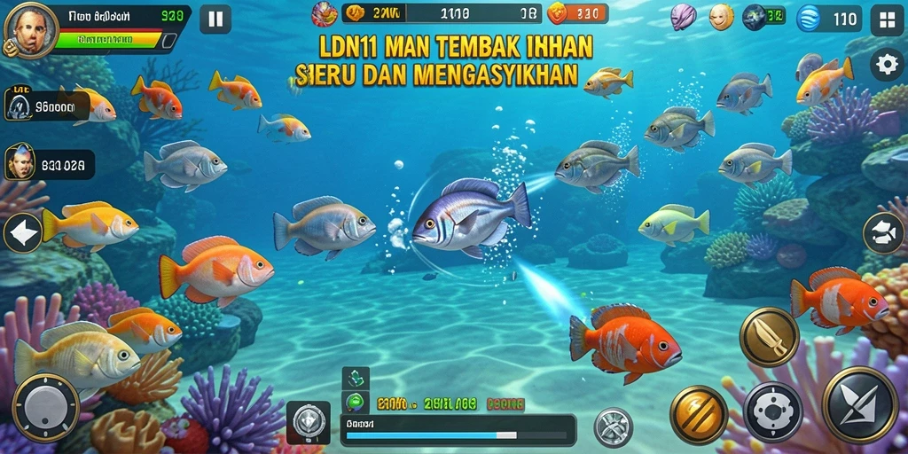 Screenshot LDN11 menampilkan gameplay seru tembak ikan di bawah laut.