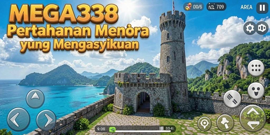 Tangkapan layar gameplay MEGA338 yang menampilkan pertahanan menara yang menantang.