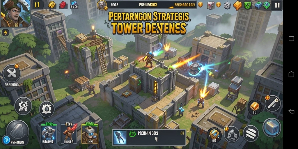 Tangkapan layar gameplay PREMIUM303 menampilkan aksi pertahanan menara yang intens.