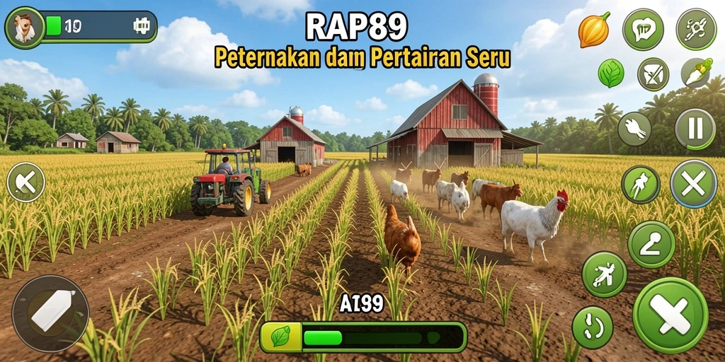 Tampilan gameplay seru di RAP89 dengan aktivitas bertani yang menarik.