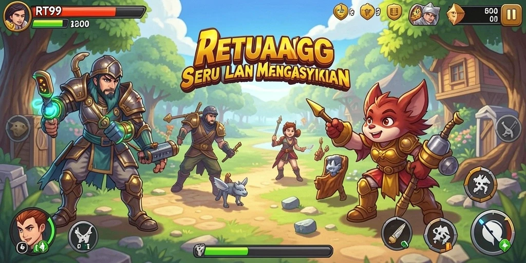 Screenshot utama RT99 menunjukkan karakter beraksi dalam gameplay arcade yang seru.