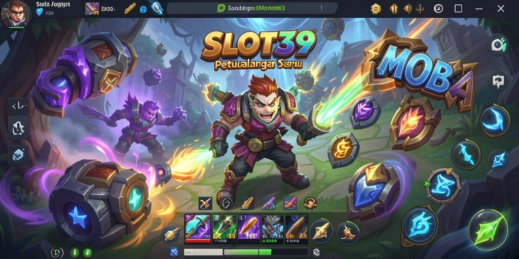 Screenshot utama menunjukkan karakter bertarung dalam mode MOBA yang kompetitif.