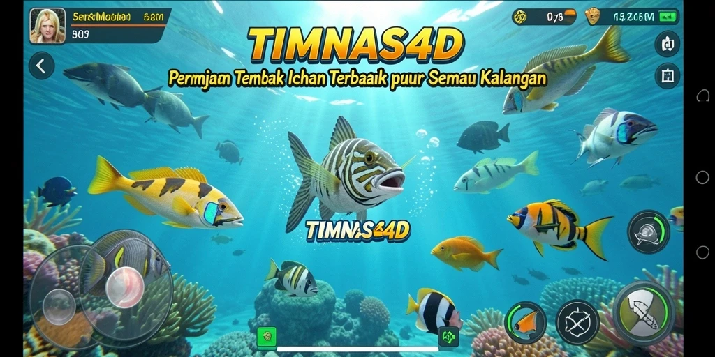 Gameplay seru TIMNAS4D saat menembak ikan-ikan berwarna-warni.
